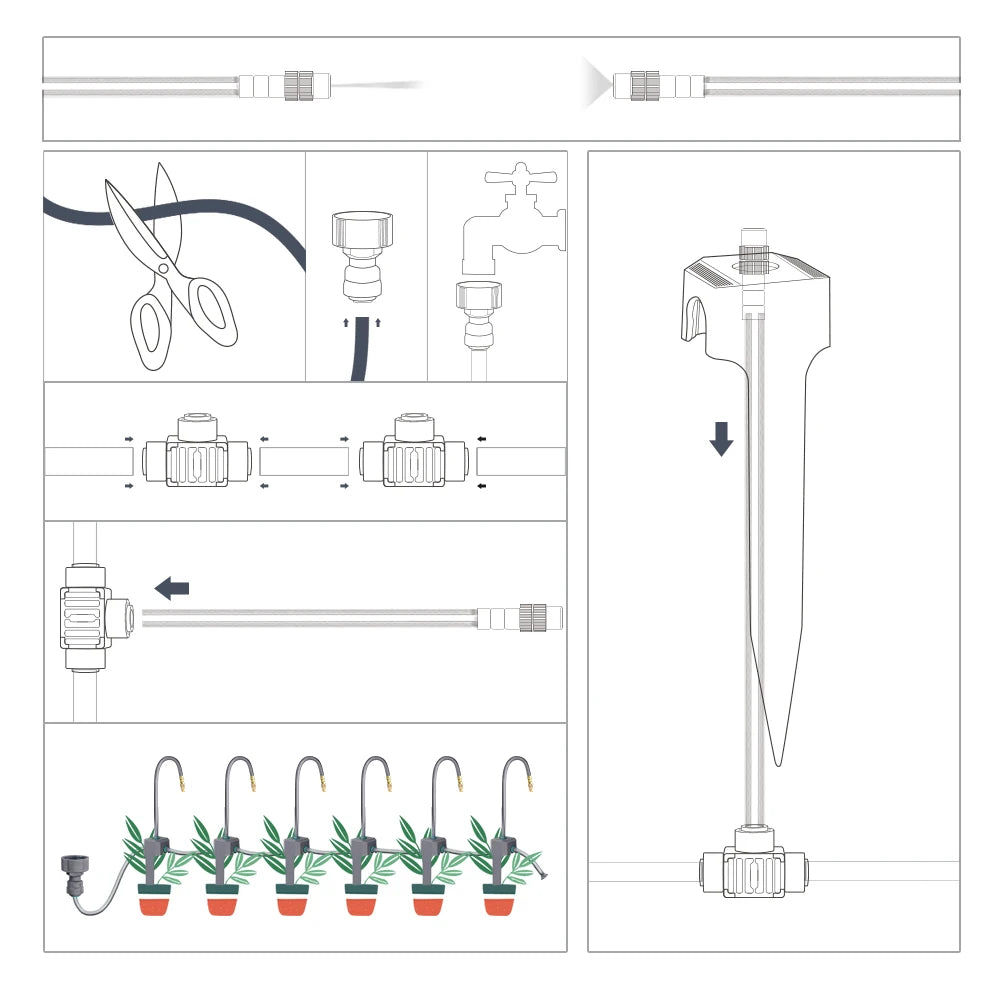 Misting irrigation system layout diagram with connectors, hoses, and stake positions