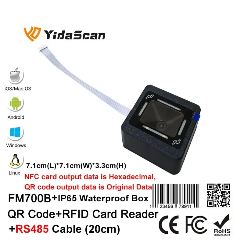 Black QR and RFID card reader with long ribbon cable and rugged waterproof enclosure