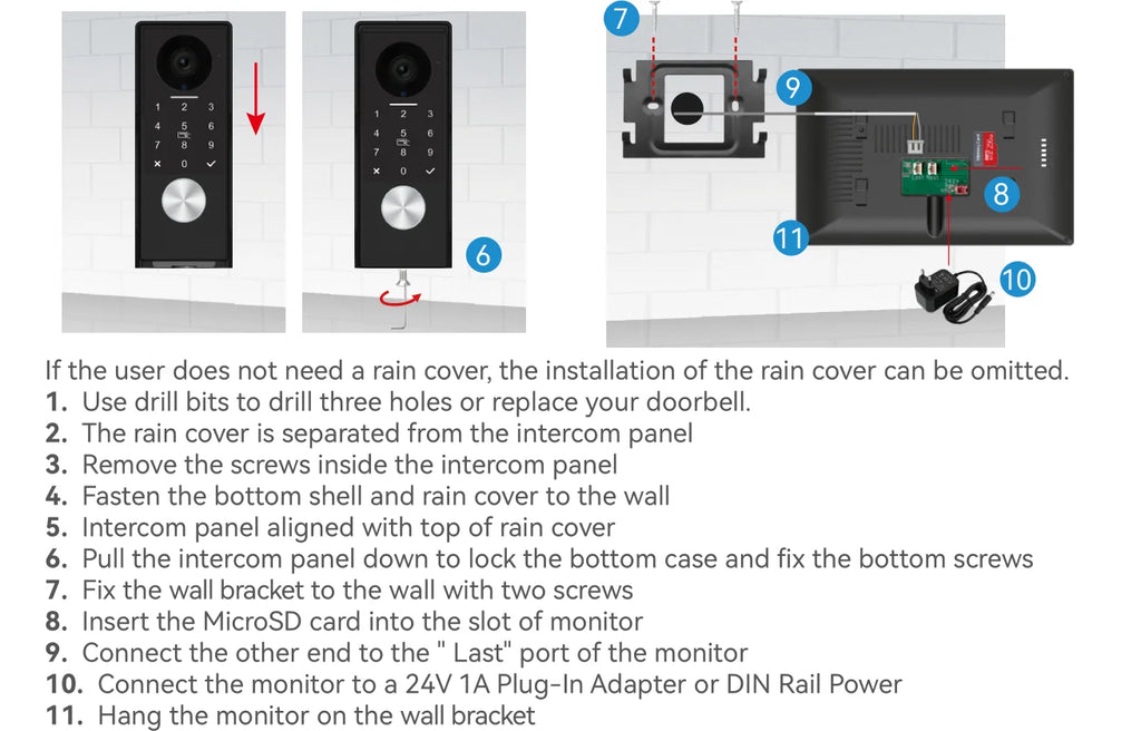 2-Wire TUYA Smart Video intercom doorbell 1080P Waterproof Camera 5G Wifi 7/10inch Touch Screen Support Password Inductive Card