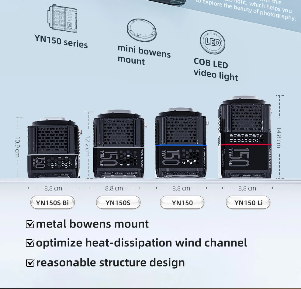 Four black YN150 series COB LED video lights with mini Bowens mounts, varying in height from 10.9cm to 14.8cm.