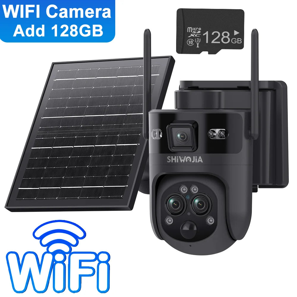 Black outdoor solar security camera with WiFi, three lenses, and solar panel plus 128GB TF