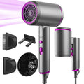 Foldable 2400W hair dryer in grey with purple accents, attachments, diffuser, and silent high-power airflow technology.