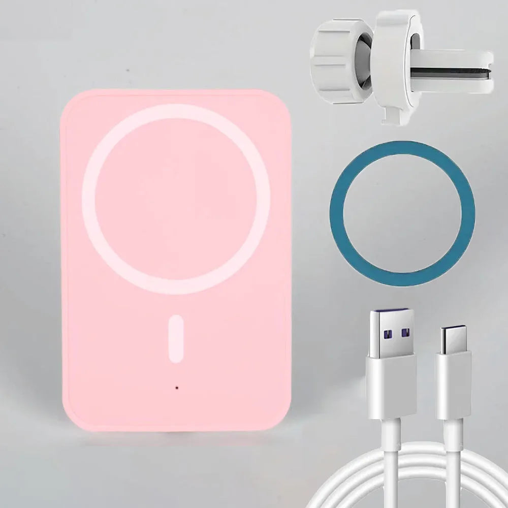 Wireless Car Phone Charger - Magnetic Qi Certified Fast Charging Mount Pink with cable Tidesmit