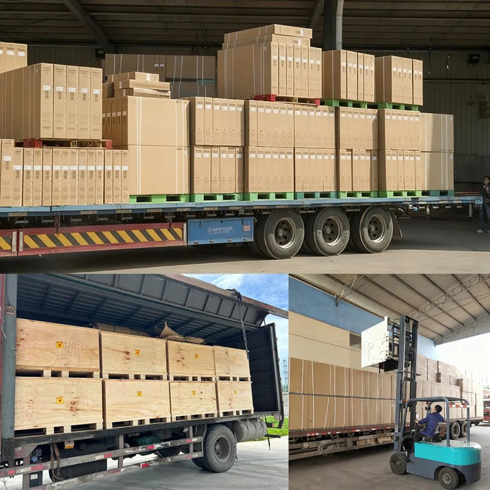 Frovab rTMS brain stimulation machines packed in wooden crates and boxes being loaded onto trucks via forklift.