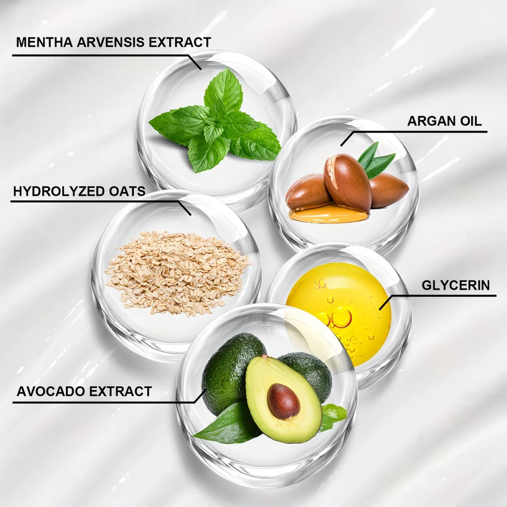 Lip makeup featuring natural ingredients like avocado, argan oil, glycerin, mint, and oats in glass spheres.