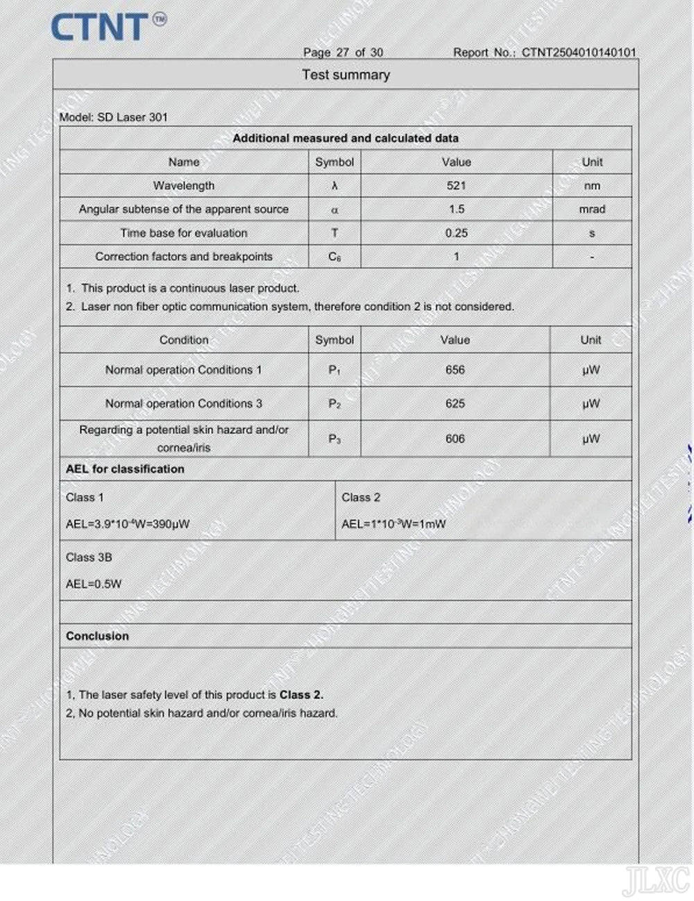 Technical test report document for Class 2 green laser pointer pet toy to ensure safe cat exercise and play.