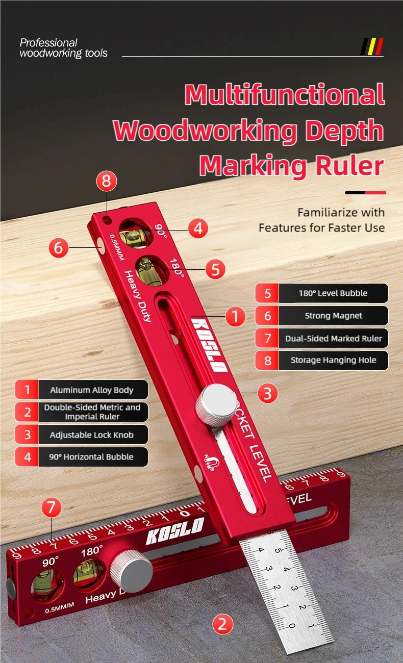 TINSOL Multi-functional Magnetic Marking Ruler Aluminum Alloy Ruler with Level Marking, Metric and Imperial, for Woodworking