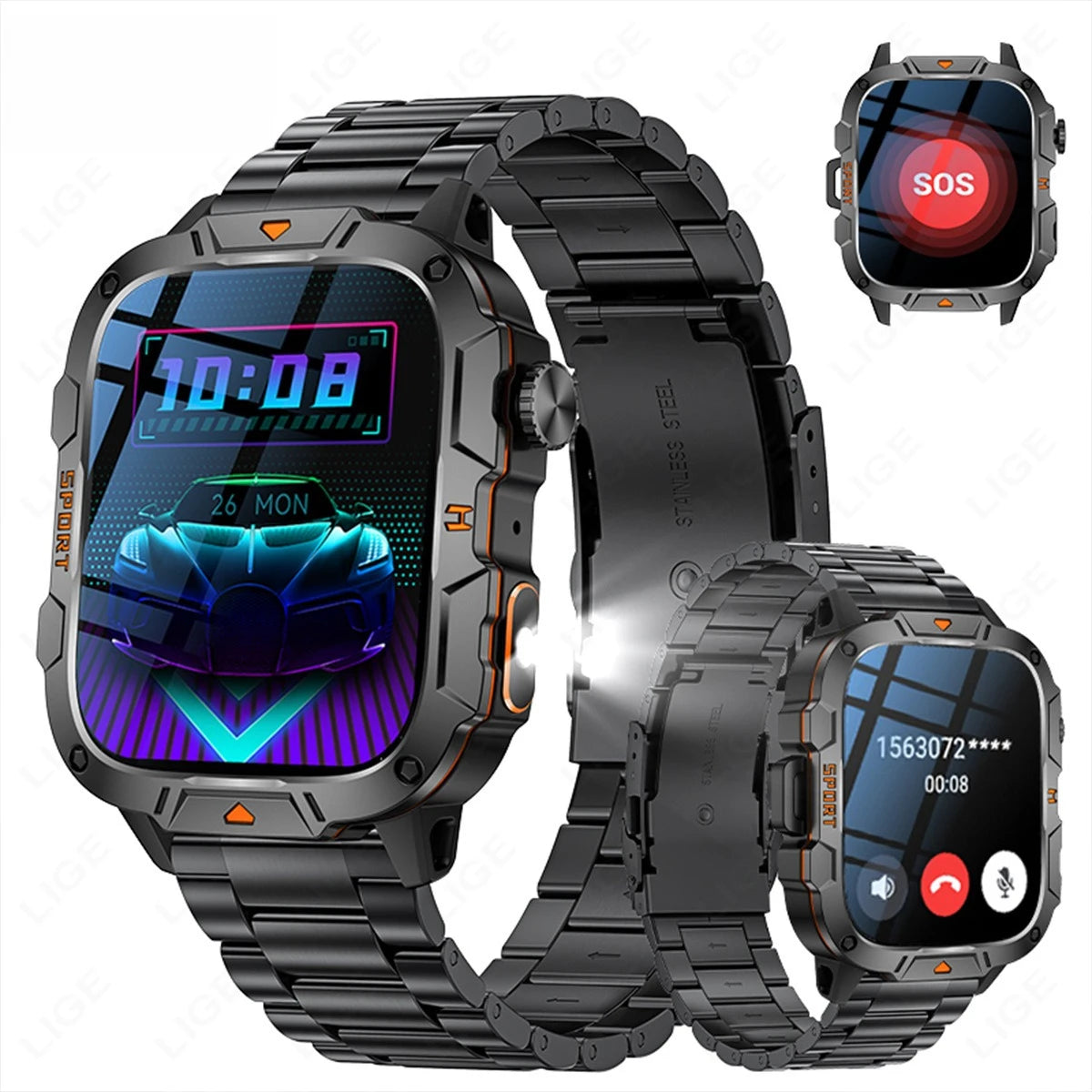 2026 New Military Grade Smart Watch Men 1.96" AMOLED Screen 5ATM Waterproof Sports Fitness Tracker BT Call Smartwatch