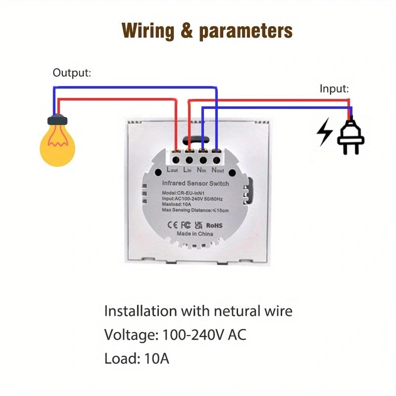 Infrared Sensor Wall Switch Touchless Smart Glass Panel 110V-220V Tidesmit