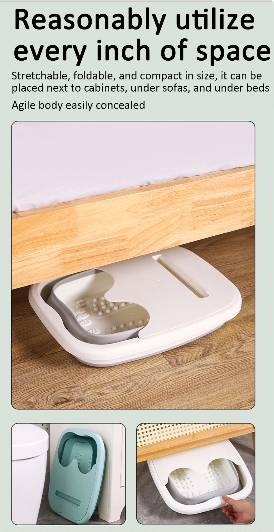 Foldable silicone foot bath basin stored under bed, featuring compact, portable design for home and travel use.