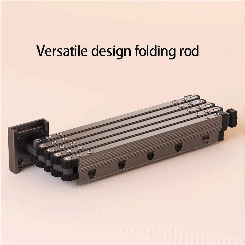 Dark gray folding shower curtain rod with mounting bracket and wheels