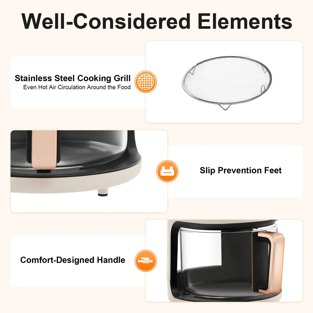 110V US Plug 4.44Qt Glass Air Fryer 1200W Touch Digital Display 8 Cooking Presets 176℉-392℉ Adjustable Temp Time Non-stick