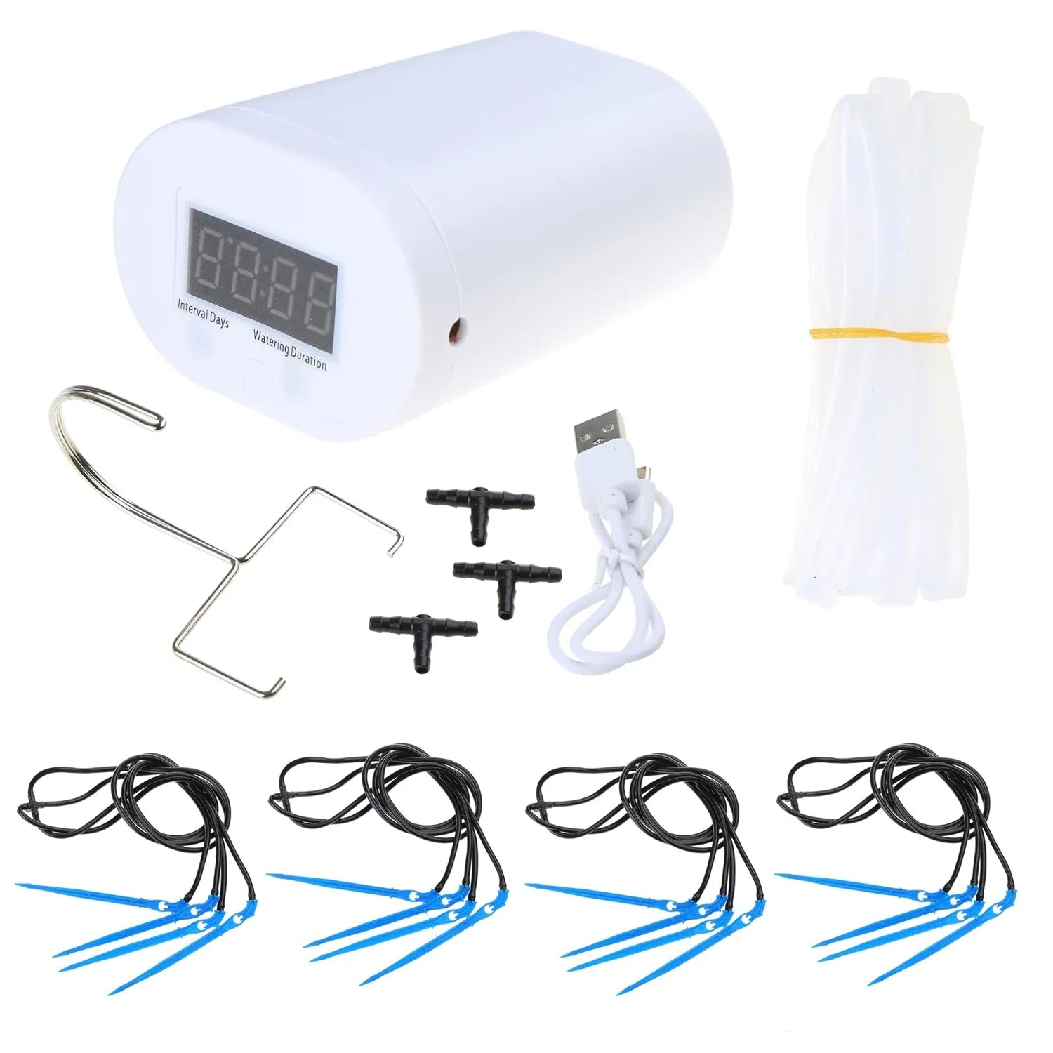 Automatic timer drip irrigation pump kit with white controller, tubes, cables, and drippers.