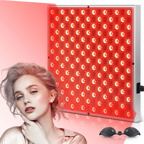 Square red light therapy panel device with bright LED bulbs for wellness and skin rejuvenation.