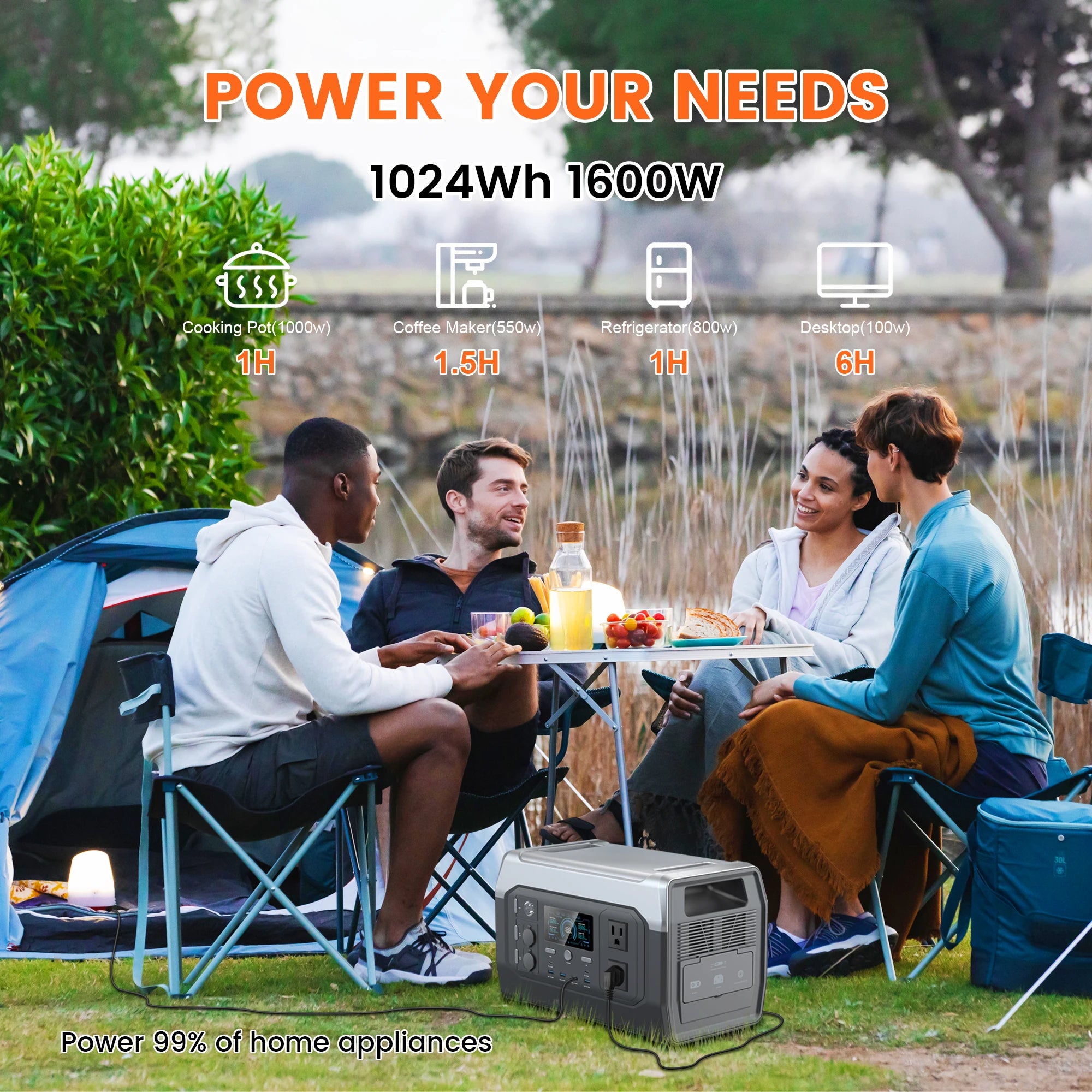 CTOLITY XP1000 1600W Portable Power Station 1024Wh Lifepo4 Battery & 200W Foldable Solar Panel Waterproof US EU Warehouse Shipping