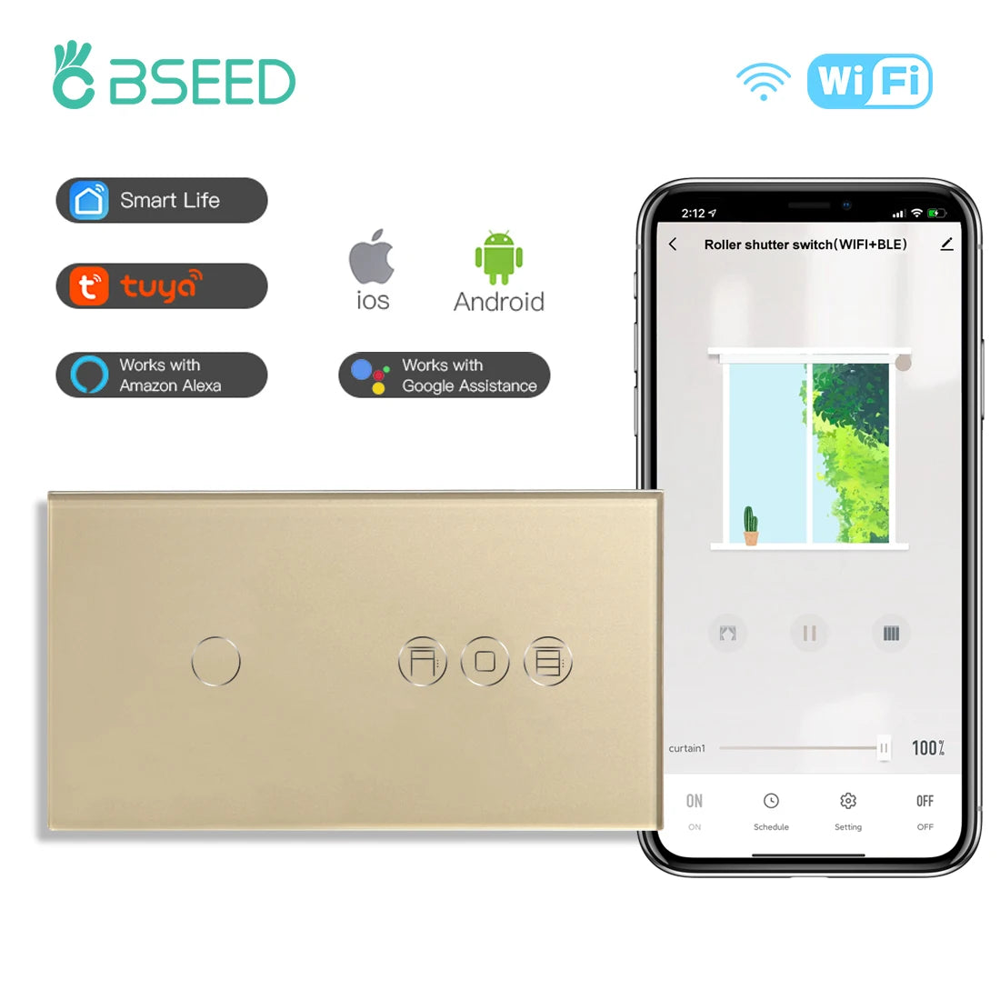 Tidesmit Smart WiFi Shutter Switch - App Controlled Roller Blind Timer Wifi 1Gang Gold Tidesmit