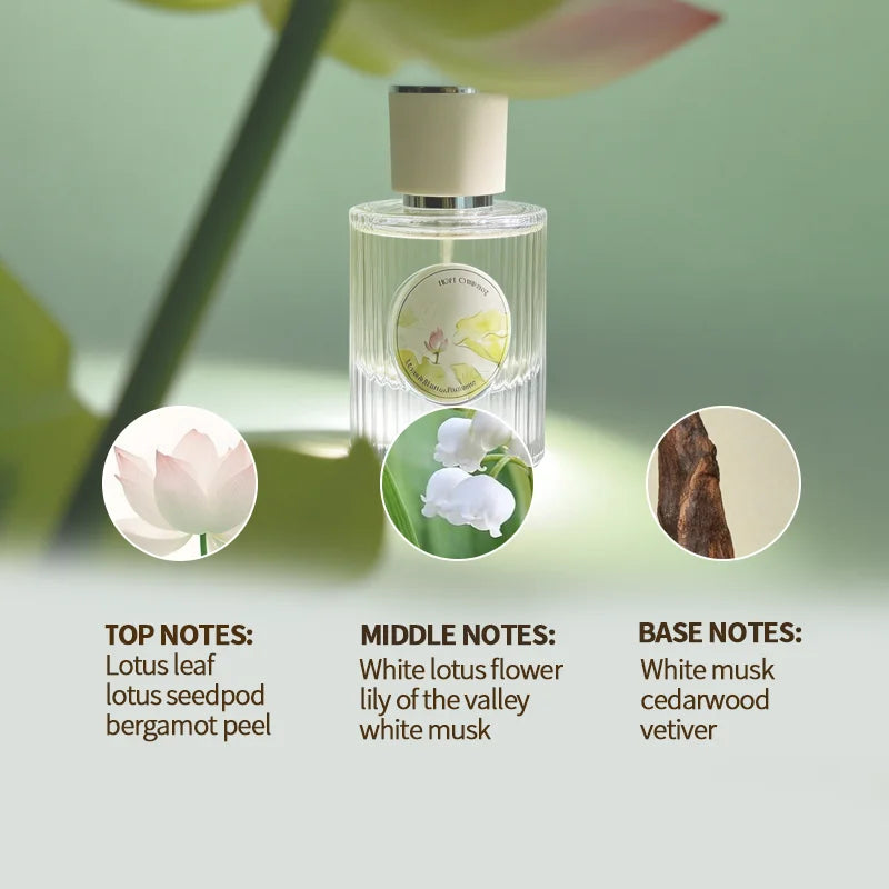 Fresh Lotus floral woody perfume in ribbed glass bottle, notes of lotus, jasmine, musk, cedar. Oriental women's scent.