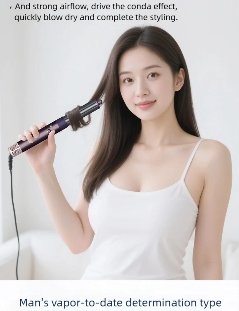 Woman styling hair with purple 7-in-1 high-speed ionic hair dryer curling iron for quick, salon-quality drying.
