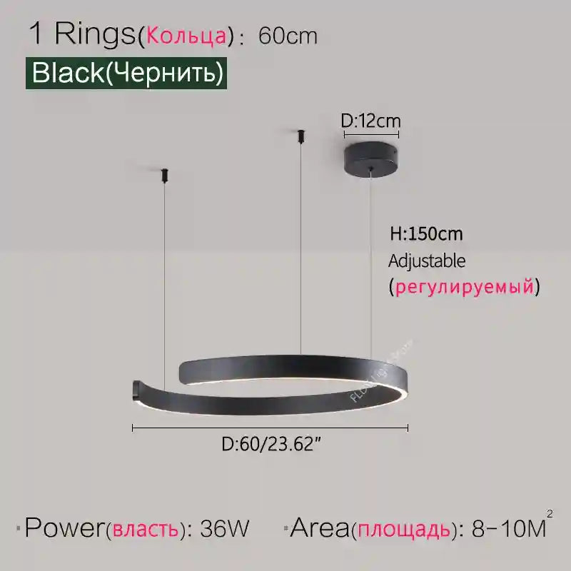 Modern 3-Ring LED Chandelier - Adjustable Dimmable Black Finish Black 60cm Tidesmit