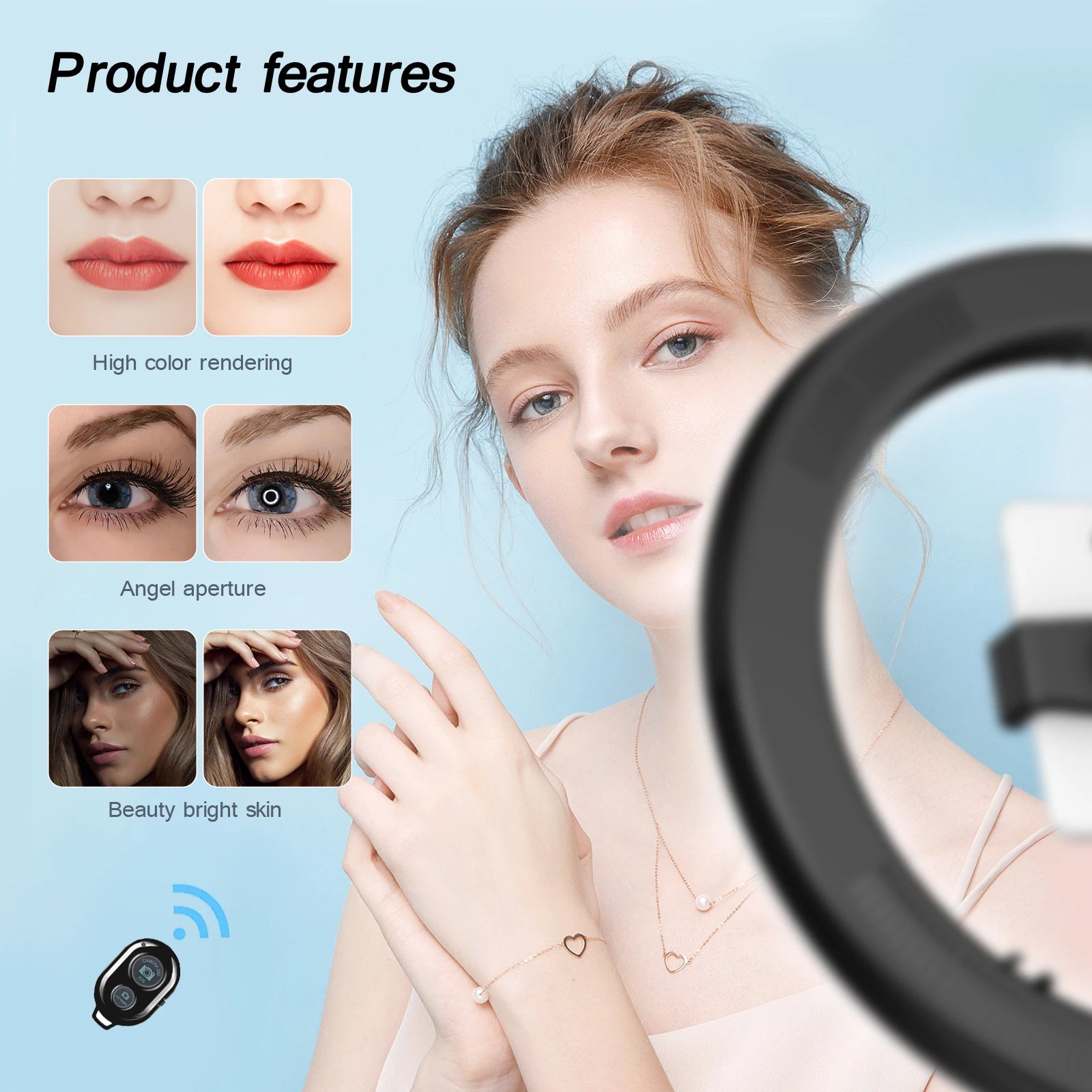 A black circular LED ring light for photography, featuring a wireless remote shutter for mobile device portraits.