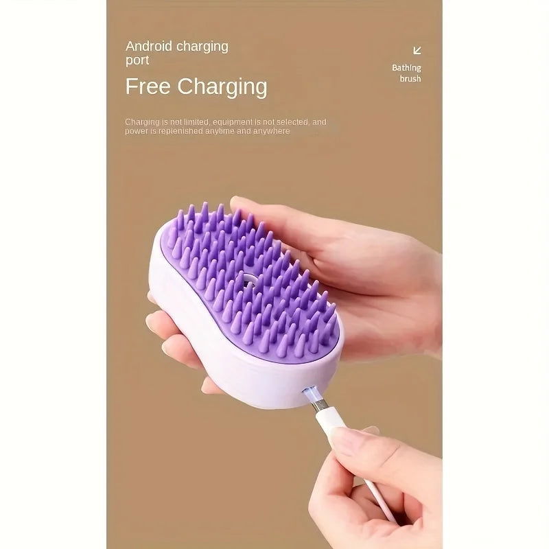 USB rechargeable 3-in-1 pet steam brush with purple silicone bristles for gentle cat and dog grooming and bathing.