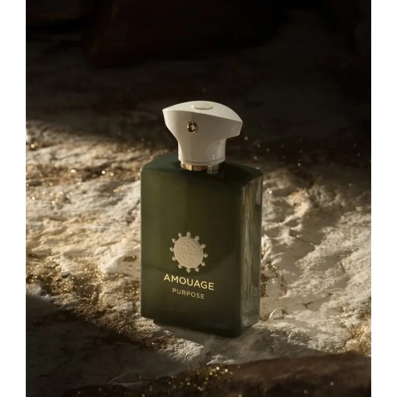 Amouage Purpose Eau de Parfum: Masculine, woody, aromatic 100ml spray in a sleek green bottle with white cap.