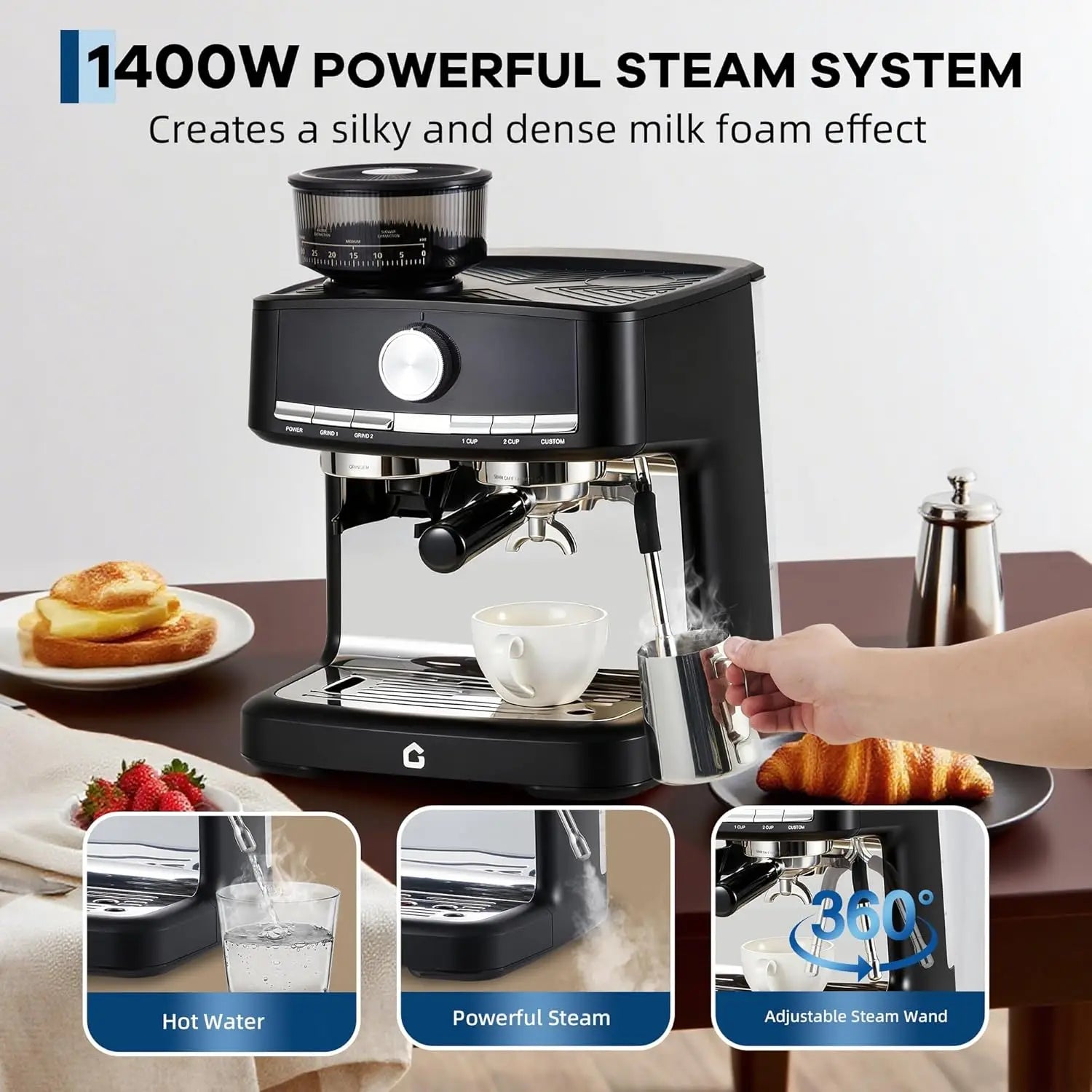 Black 1400W espresso machine with built-in grinder, 360-degree steam wand, and stainless steel milk frothing pitcher.