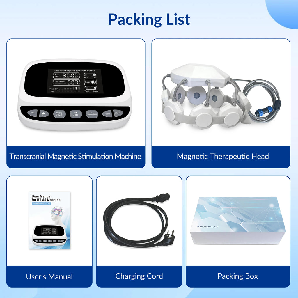 Frovab RTMS brain stimulation kit: console, magnetic therapy head, manual, power cord, and box for home rehabilitation.