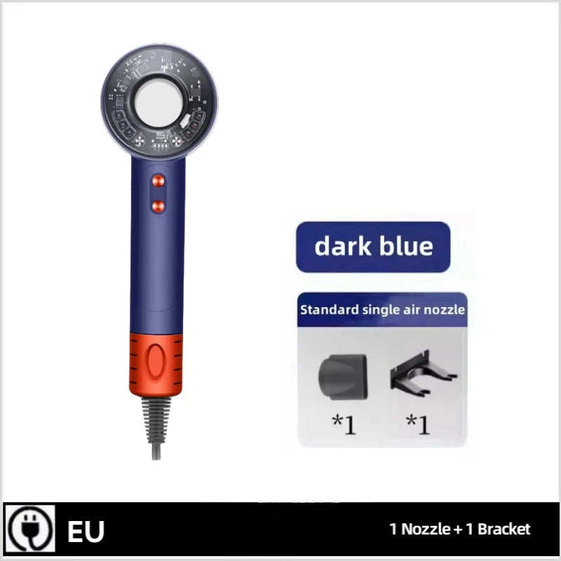 Dark blue high-speed leafless hair dryer with nozzle and bracket, 160k RPM ionic salon blow dryer for fast drying.