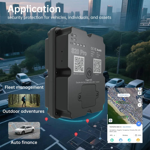 4G GPS Tracker for vehicles, side angle view, perfect for smart sleep trackers and fleet management security.