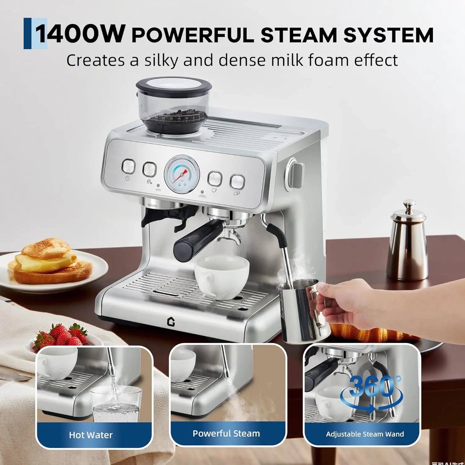 Silver 1400W stainless steel espresso machine with built-in grinder, steam wand, and pressure gauge for home barista.