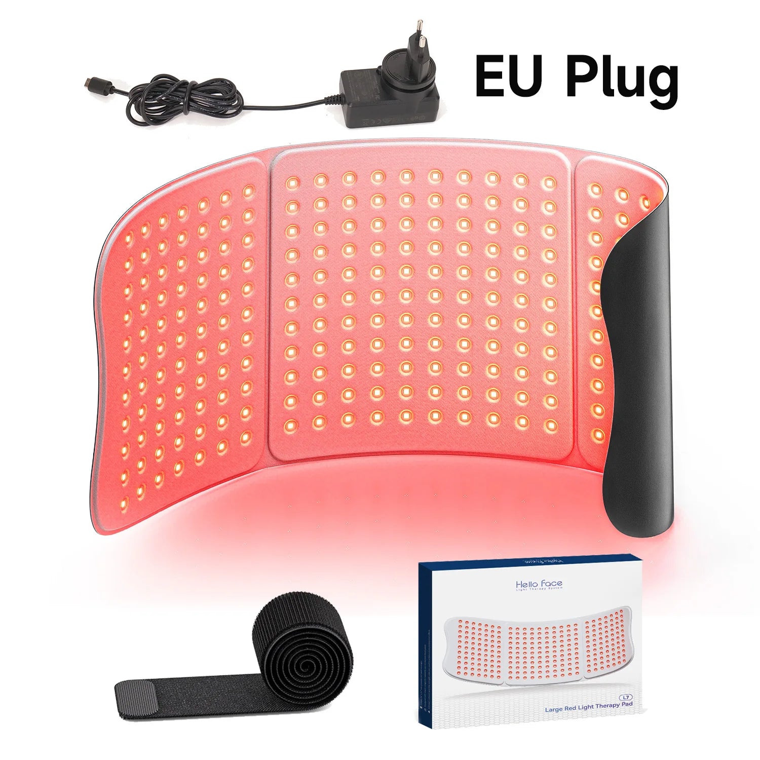 Large red light therapy mat with 792 LEDs, flexible black material, EU power plug, velcro straps, and product box.