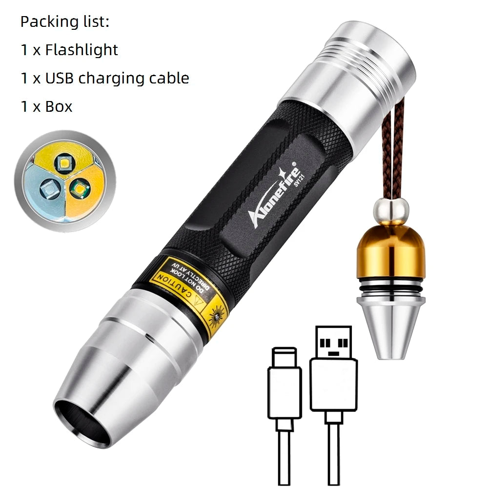 3-in-1 USB rechargeable UV flashlight for pet stain detection, jewelry, and ore inspection in black and silver metal.