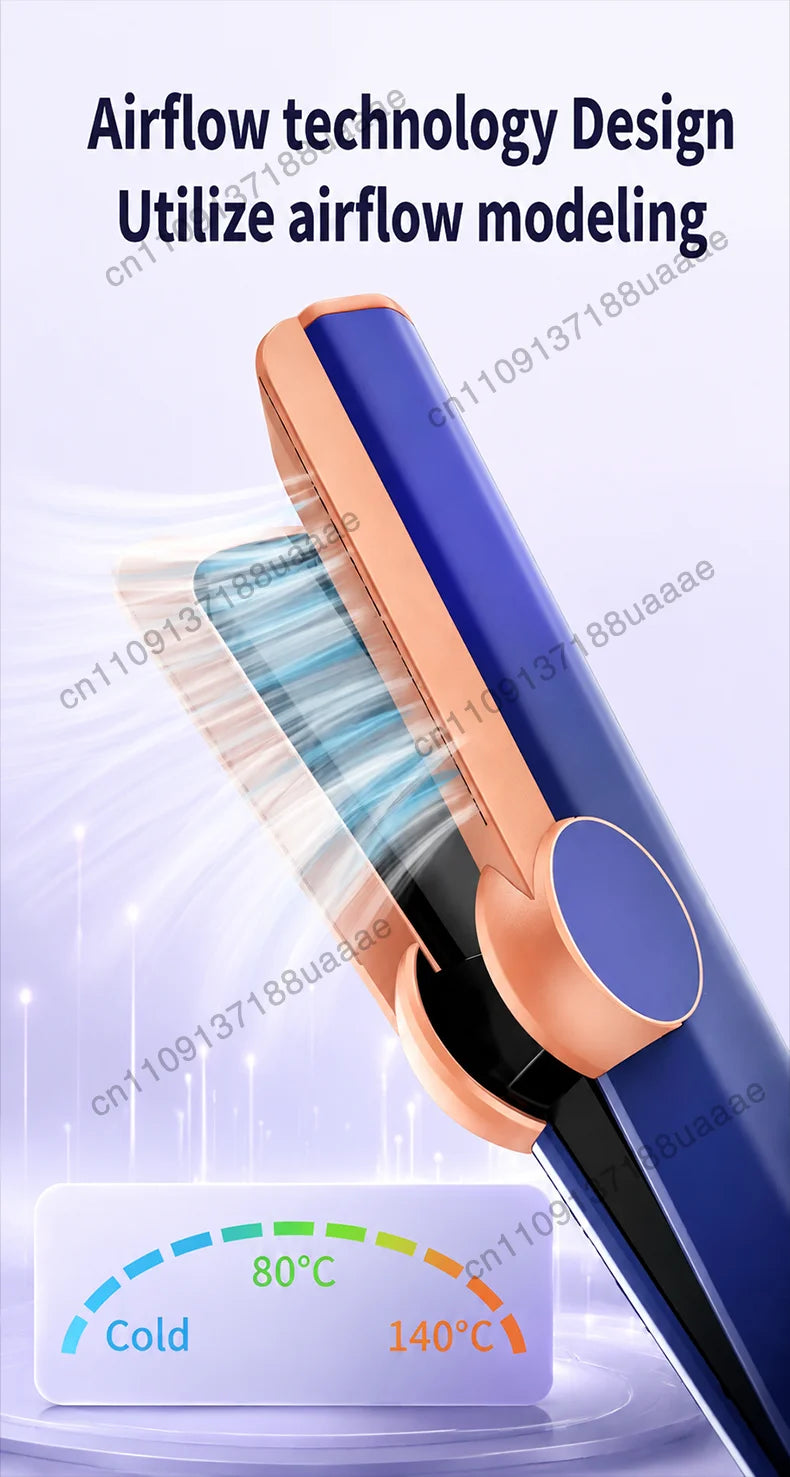 Blue and gold 2-in-1 hair dryer and straightener with ionic airflow technology for wet and dry styling.