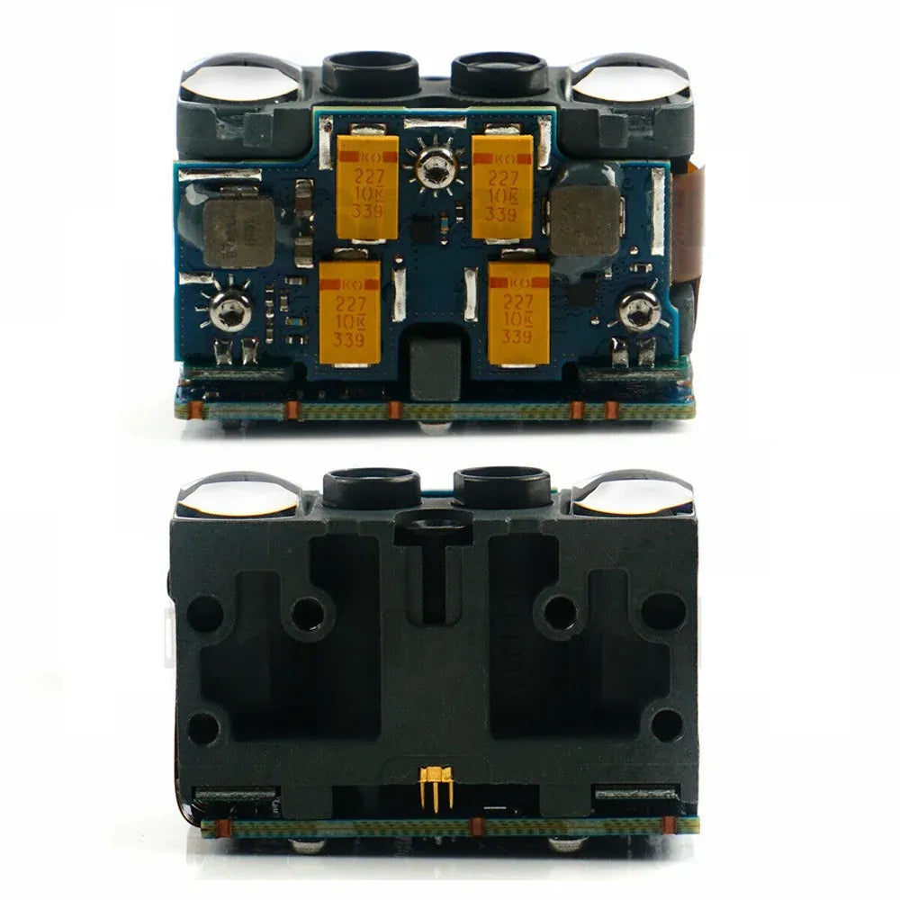 2D barcode scanner engine module shown front and back with two lens openings