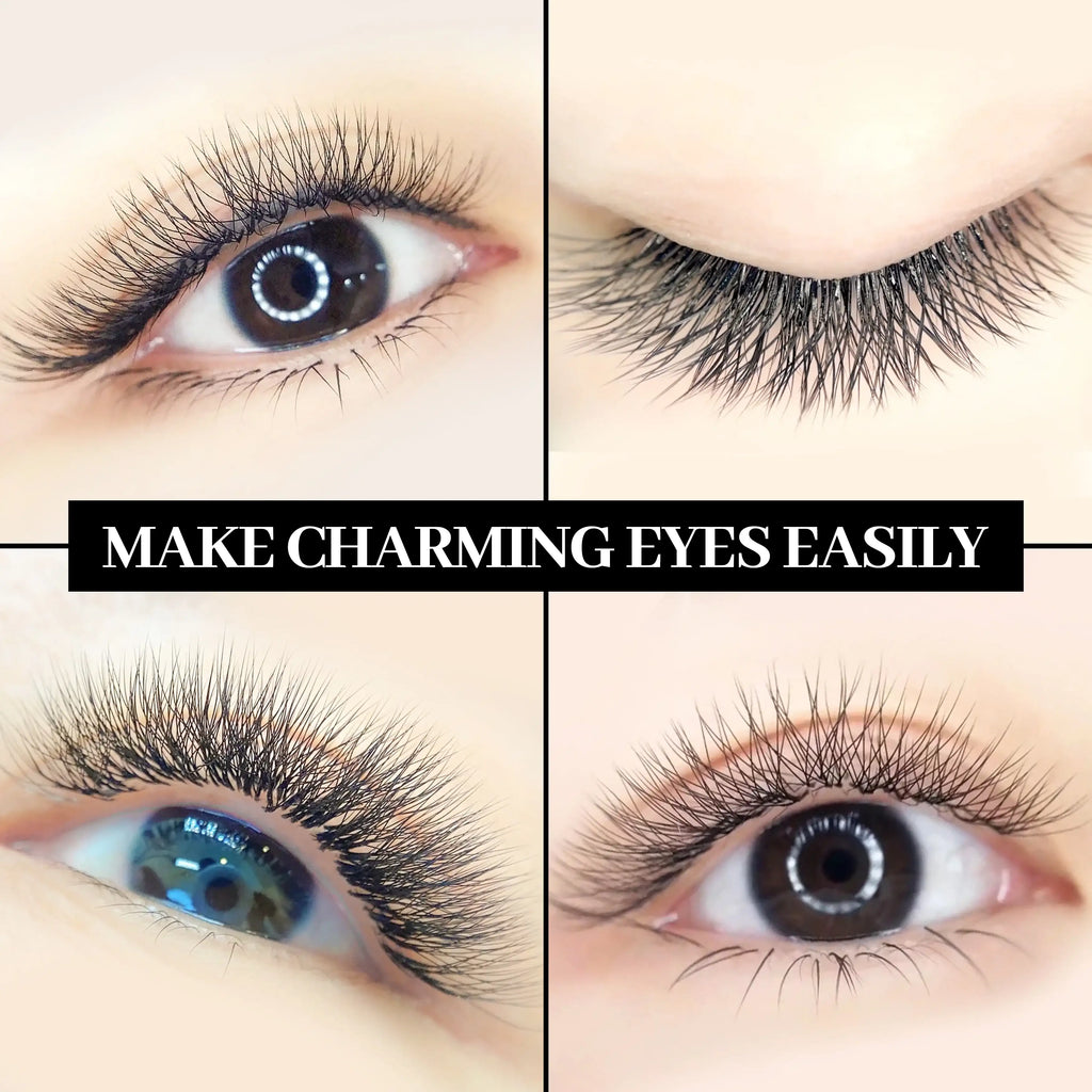 Close-up of long, black wispy false eyelashes on eyes to enhance lash volume and length.