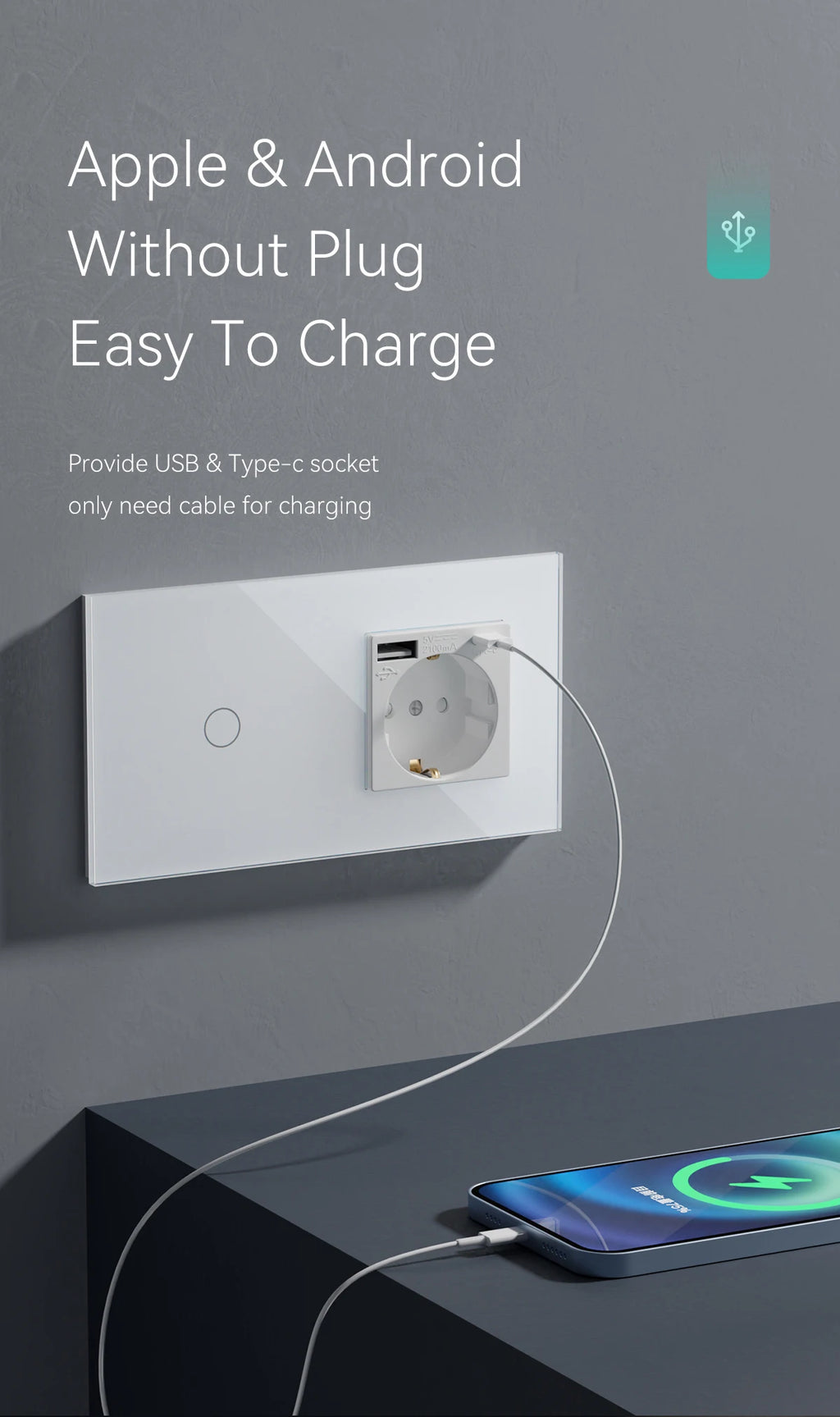 WiFi Smart Wall Switch with USB-C Port - Glass Panel Tidesmit Tidesmit