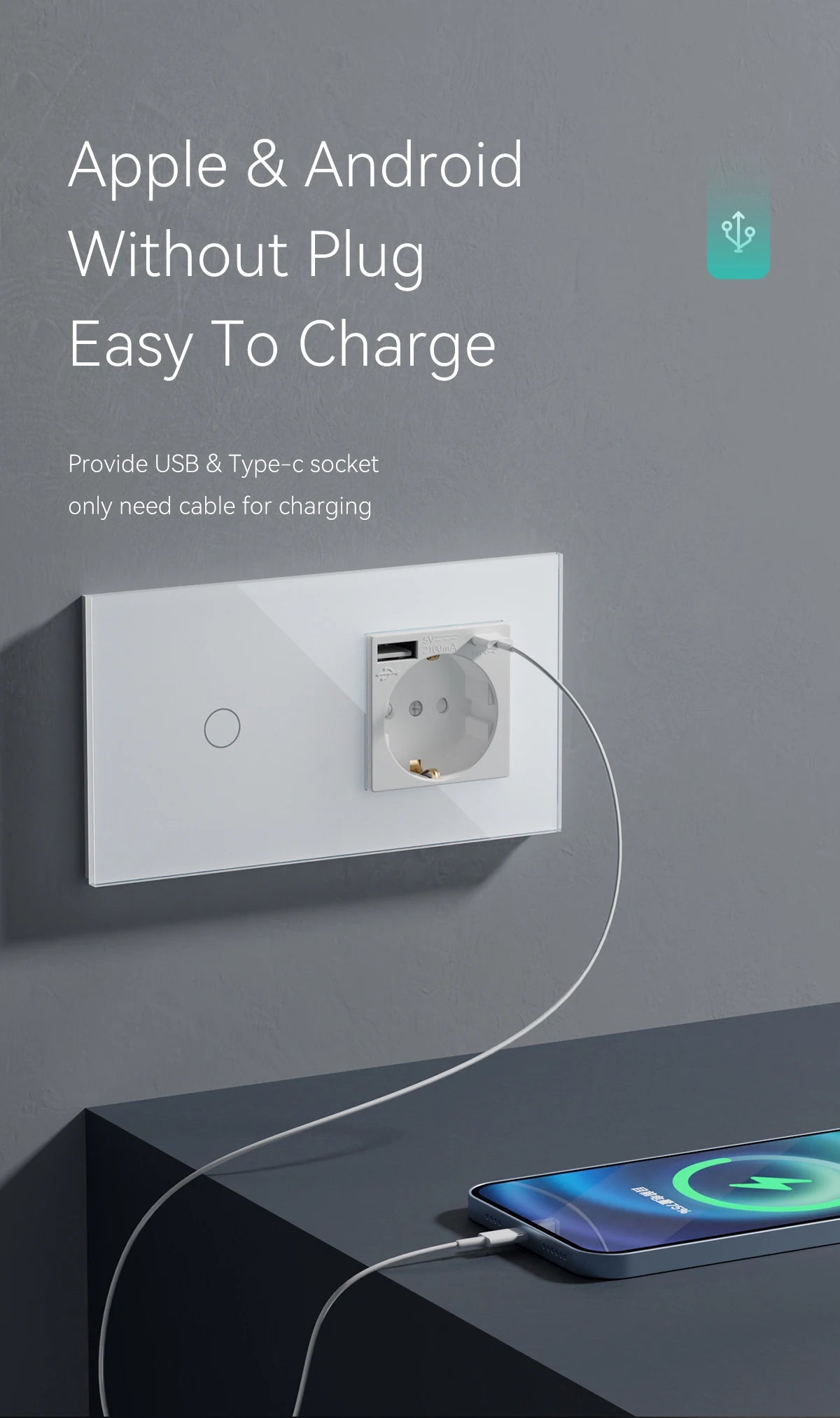 WiFi Smart Wall Switch with USB-C Port - Glass Panel Tidesmit Tidesmit