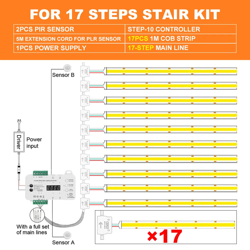 Dimmable LED stair light kit, motion sensor strip system for 17 steps, CCT 2700–6500K