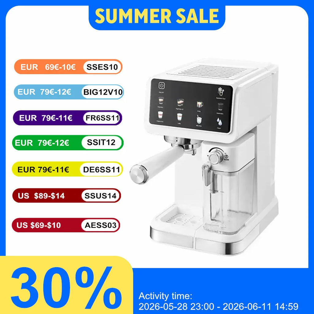 White espresso coffee machine with milk frother and touch control panel, featured in a summer sale promotion.