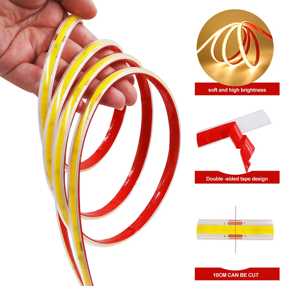 220V RA90 COB LED Strip Light Bright Waterproof Driver Build In 10cm Can Be Cut 240LEDs/M Flexible Adhesive Tape Home Decoration