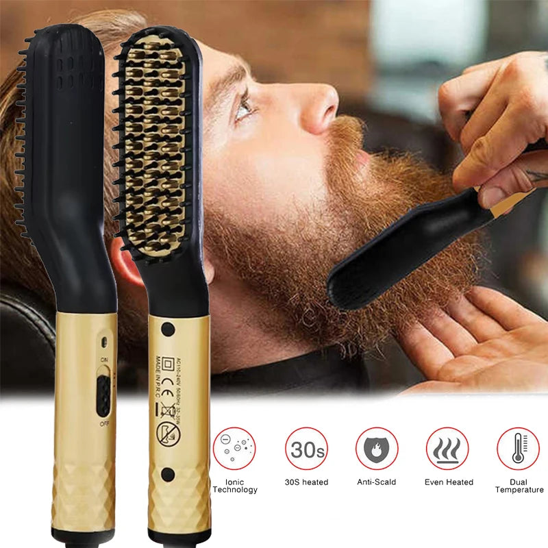 Portable black and gold heated beard straightener comb with anti-scald design for quick, smooth styling of men's hair.