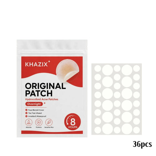 Hydrocolloid acne patches: red-and-white pouch with clear round patch sheet, 36 pcs.