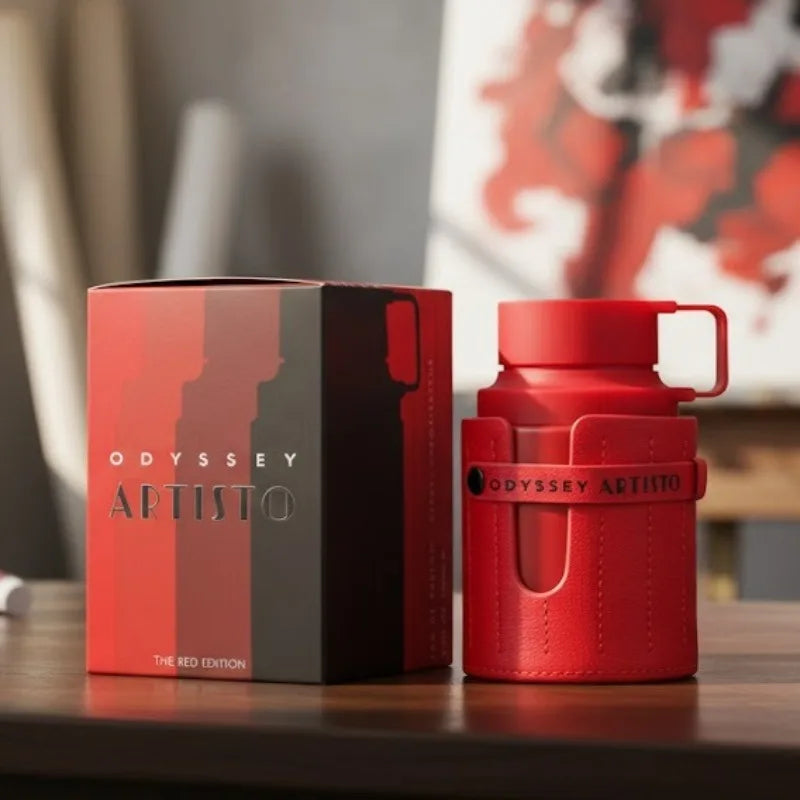Armaf Odyssey Artisto Red Edition 100ml men’s EDT cologne in a unique red leather-wrapped bottle and matching box.