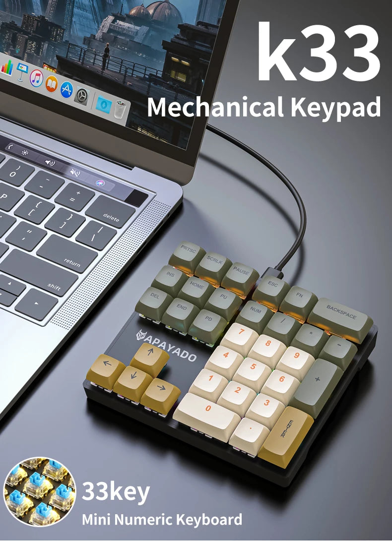 K33 Wired Mechanical Numeric Keypad With Multi-color Lights  Suitable for Finance, Business, 33-Key Laptop Numeric Keyboard