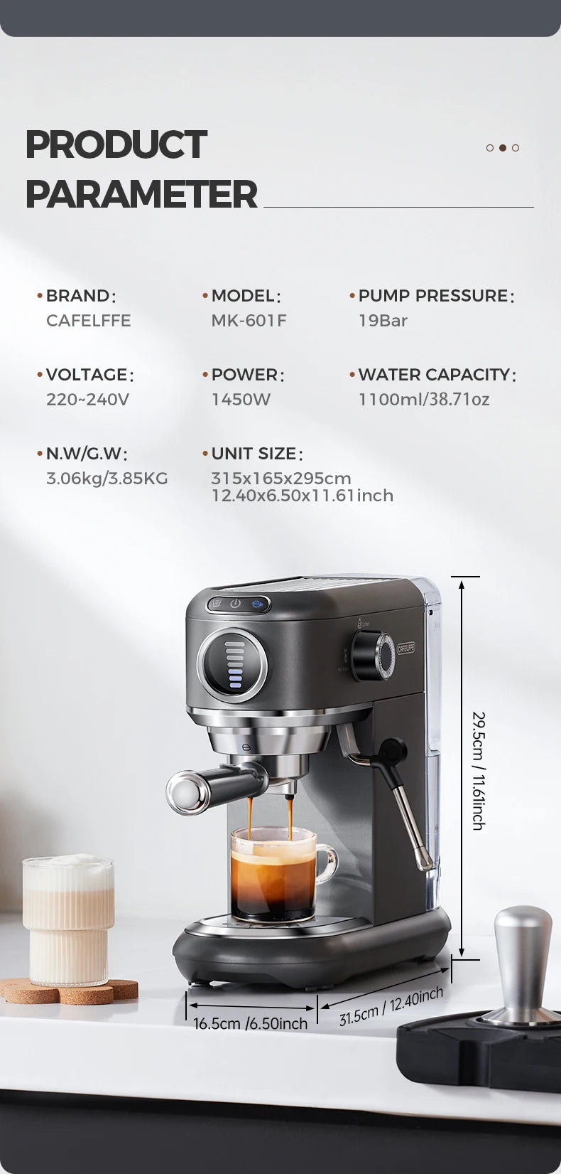 Cafelffe 19-bar espresso coffee machine in matte grey, 1100ml capacity, showing dimensions and brewing features.