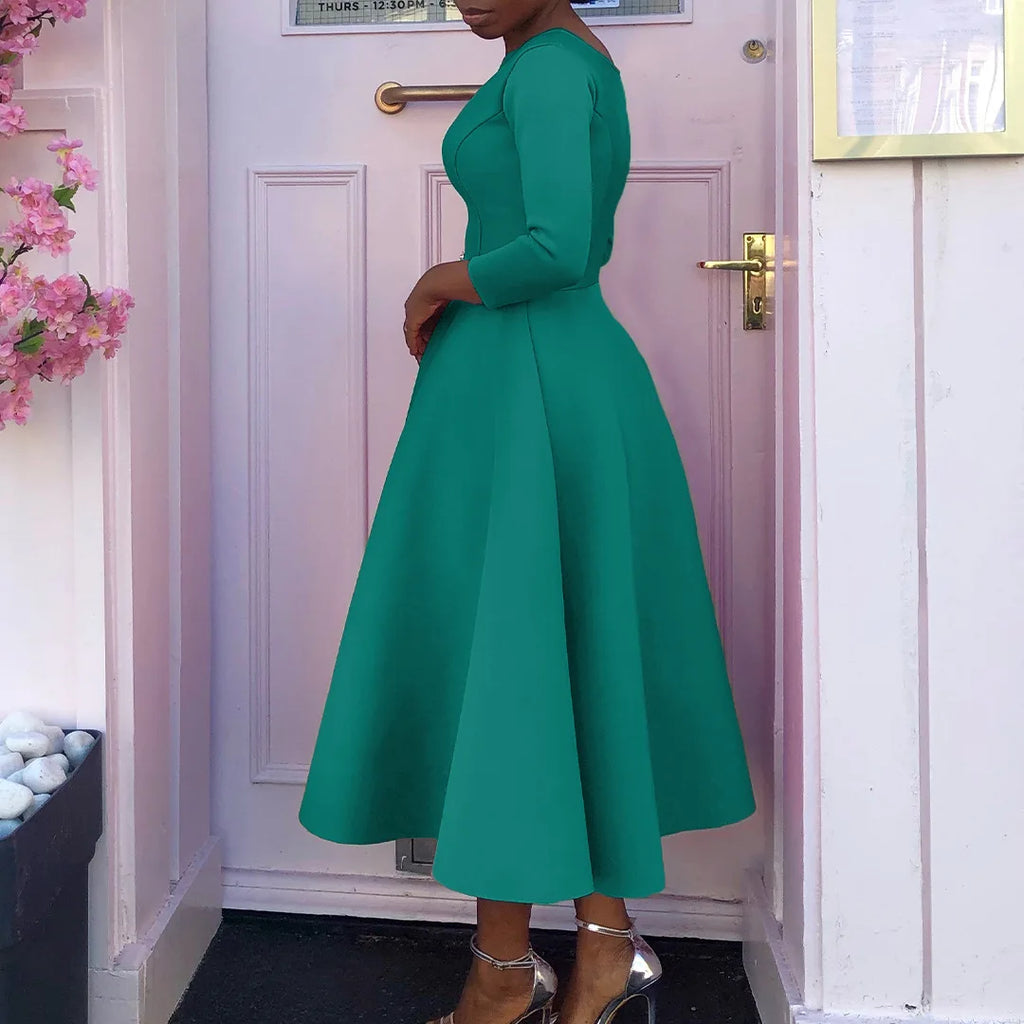 Elegant Pure Color Maxi Dress Evening Gown A- Line Skirt Polyester Fabric round Neck Short Sleeve High Waist Midi Dress