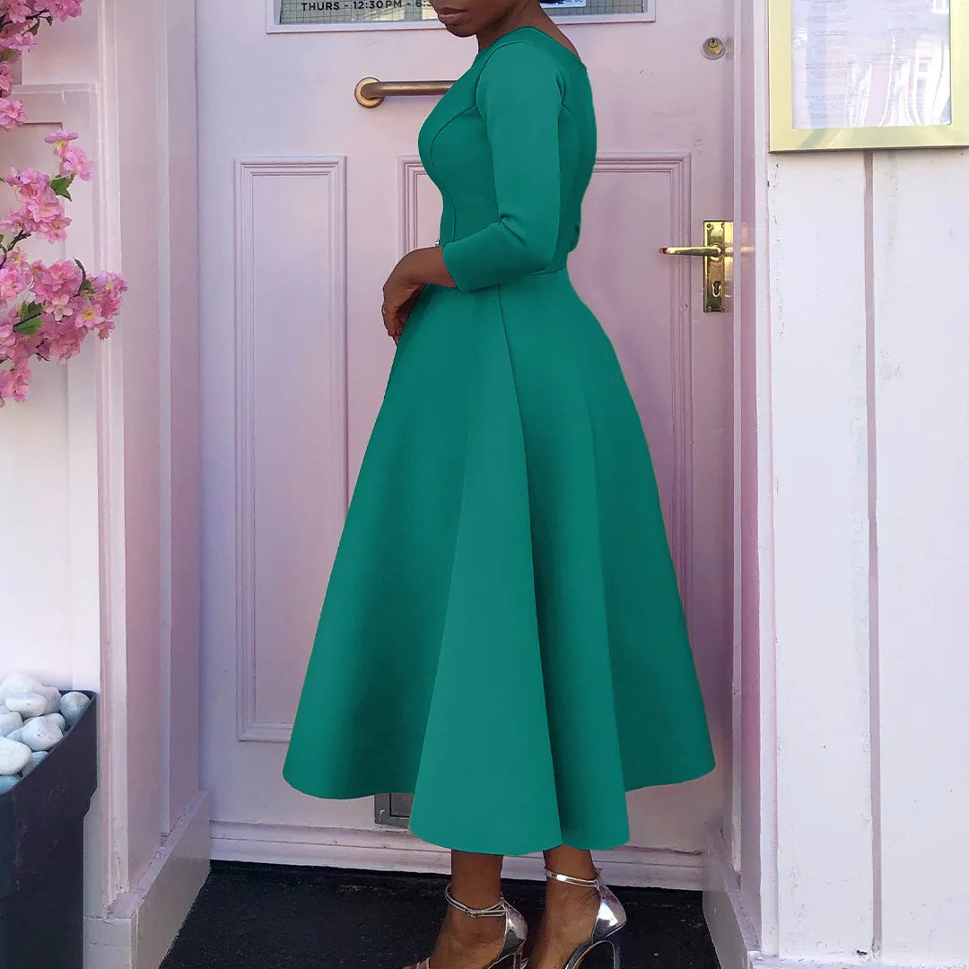 Elegant Pure Color Maxi Dress Evening Gown A- Line Skirt Polyester Fabric round Neck Short Sleeve High Waist Midi Dress