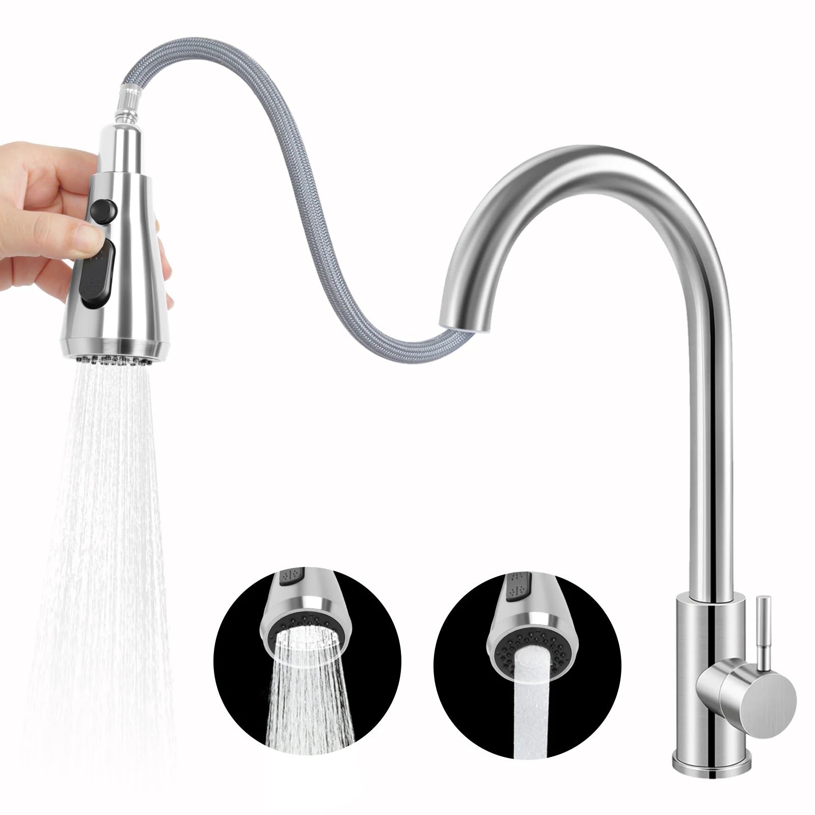 Stainless Steel Faucet Kitchen Faucet Sink Faucet with Pull Down Sprayer Hot and Cold Dual Control Bar Sink Faucet Rotation Faucet Showerhead and Bubble Water Flow