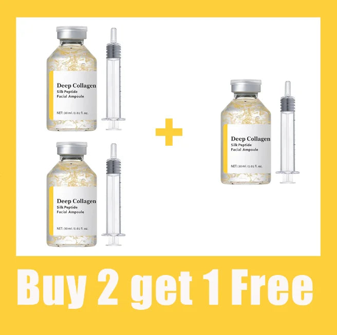 Three deep collagen silk peptide facial serum bottles with two pump droppers and stands